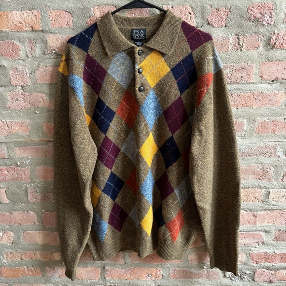 Jos. A. Bank Lambs Wool Brown and Yellow Argyle Sweater men L - Picture 5 of 6